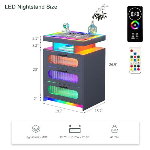 HNEBC RGB Night Stand Set 2 with Charging Station, LED Nightstand with 24 Colors Lights, Modern Bedside Table with Body Sensor, Glass Tabletop Side Table with 3 Drawers for Bedroom, Grey