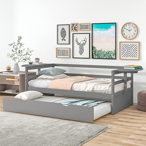 Bellemave Twin Size Daybed with Sliding Trundle and Foldable Shelves on Both Sides, Twin Daybed Frame with Wooden slats, No Spring Needed (White)