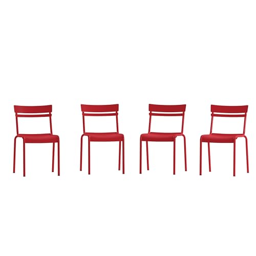 EMMA + OLIVER Rennes Armless Stacking Dining Chair - Indoor/Outdoor 4-Slat Chair with Powder Coated Frame - Set of 4 - Black