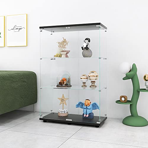 Glass Display Cabinet, 4 Shelves 3 Door Glass Curio Cabinet Display Case, Floor Standing Glass Bookshelf Showcase for Living Room Bedroom Officee, 66.5