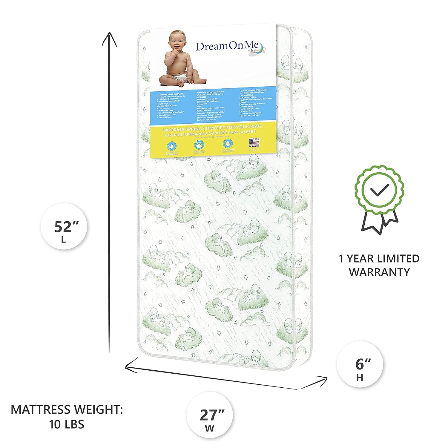 Nirvana 6” 96 Coil Inner Spring Crib And Toddler Mattress I Waterproof I Green Guard Gold Certified I 10 Years Manufacture Warranty I Vinyl Cover I Made In The U.S.A