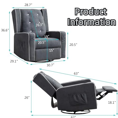 Rocking 360° Swivel Rocker Recliner Glider Chair with Cup Holders&Side Pockets, Grey