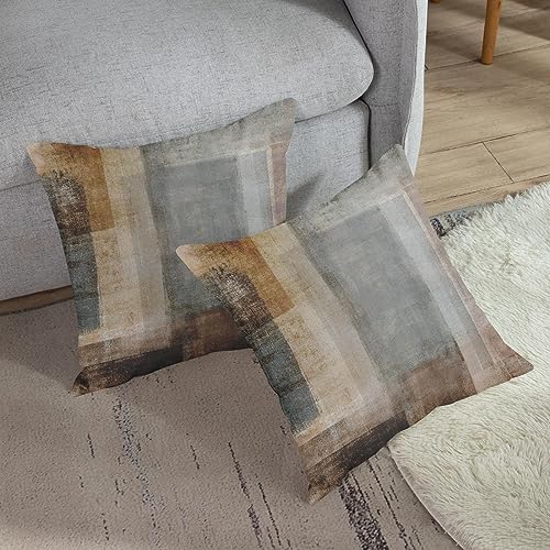 Grey and Teal Painting Throw Pillow Covers 18 x 18 Inch Linen Square Cushion Case Set of 2, Home Decoration Pillowcase and Outdoor Decorative Pillows for Couch Sofa Bed