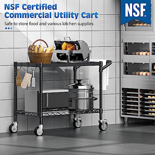 2 Tier Utility Cart with Wheels, NSF Certified 900LBS Capacity Heavy Duty Rolling Utility Carts with Handle Bar, Commercial Grade Metal Serving Storage Cart for Warehouse Garage Kitchen,Silver