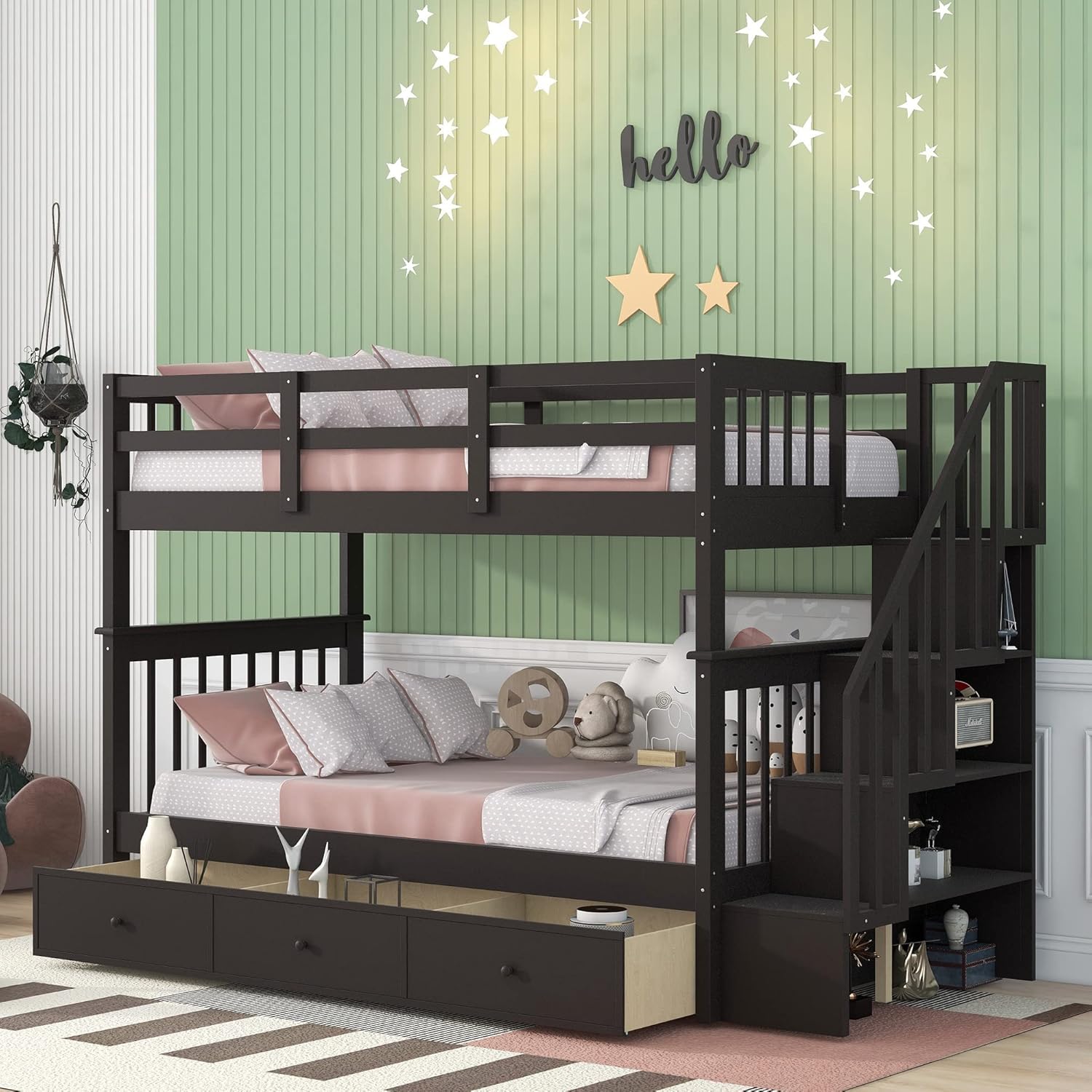 Bellemave Full Over Bunk Beds with Drawers and Stairs Wood Bed Frame Storage for Kids Teens Adult, Detachable Bunked Boys Girls Women Men, White