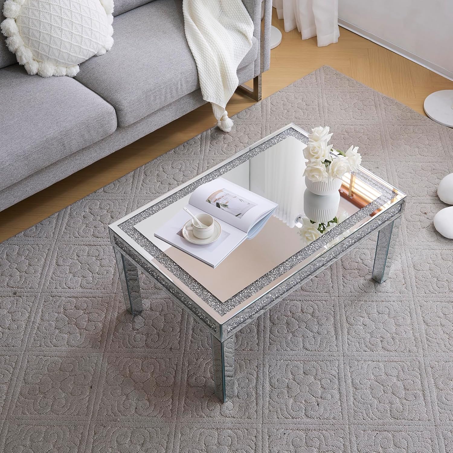 SSLine Modern Mirrored Coffee Table Luxury Living Room Cocktail Center Table with Silver Mirror Finish Rectangular Small Coffee Table with Crystal Inlay and Edge - Partially Assembled