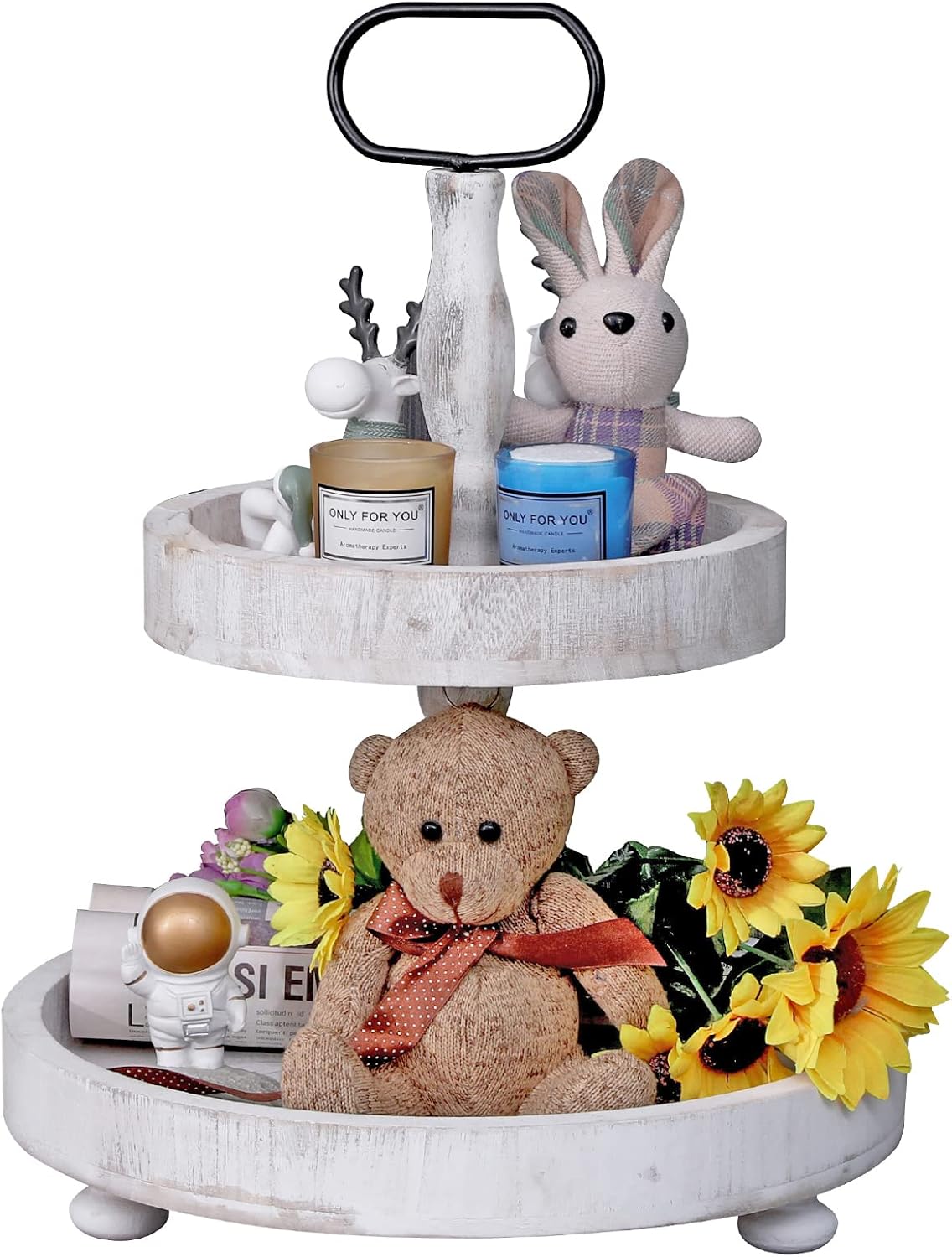 2 Tier Tray Rustic Cake Stand Farmhouse Kitchen Decor Centerpiece,Farmhouse 2 Tier Serving Tray for Coffee Bar w/Handle&1 Coaster