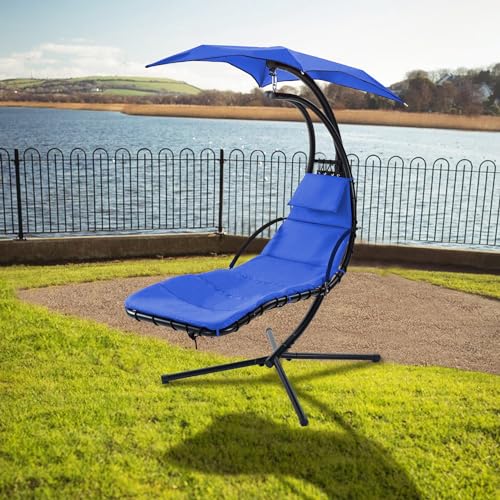 Hanging Curved Chaise Lounge Chair for Patio, Outdoor Hammock Swing Chair w/Removable Waterproof Canopy and Built-in Pillow Freestanding Steel Recliner Chair for Porch Poolside (Blue)