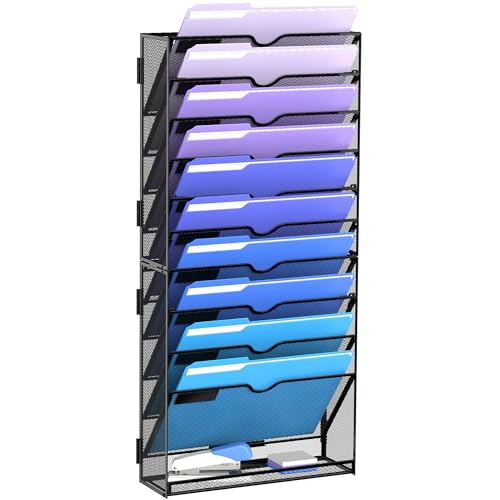 DALTACK 11 Tier Wall File Holder, Wall Mount Hanging File Organizer, for Papers Mails Folders Clipboard Magazine, Office Cubicle Home Organization & Storage, Assembly Needed, Metal Black, 2 Pack