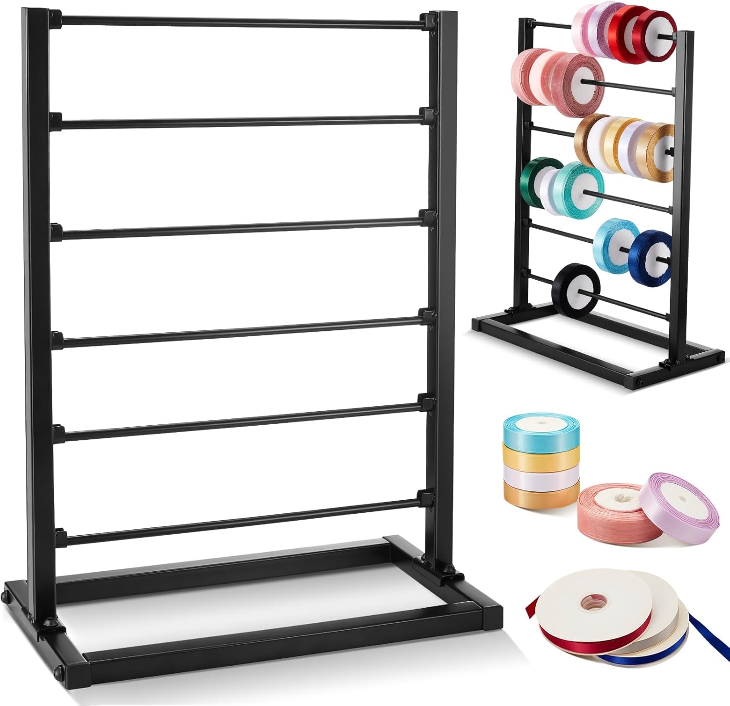 Menkxi 6 Tier Metal Ribbon Holder Organizer Rack Ribbon Rack Display Shelf Spool Holder Storage Organizer for Sewing Craft Mesh Thread Tape Wreath Crochet Roll Cake Flower Store Wrapping Gift, Black