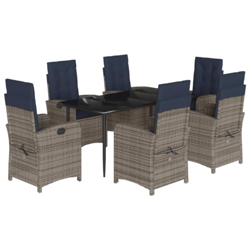 7 Piece Patio Dining Set with Cushions Gray Poly Rattan,Outdoor Dining Set with Adjustable Backrests and Comfortable Seating