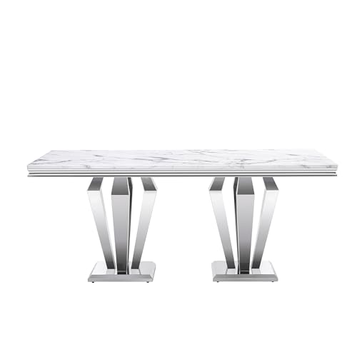 Goujxcy White Marble Dining Table Luxury Faux Marble Kitchen Table with Silver Mirrored Finish Stainless Steel Legs,70
