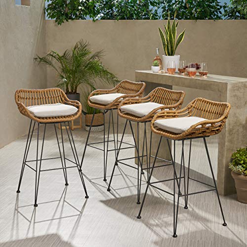 GDFStudio Outdoor Wicker Barstools with Cushions (Set of 4), Light Brown and Beige