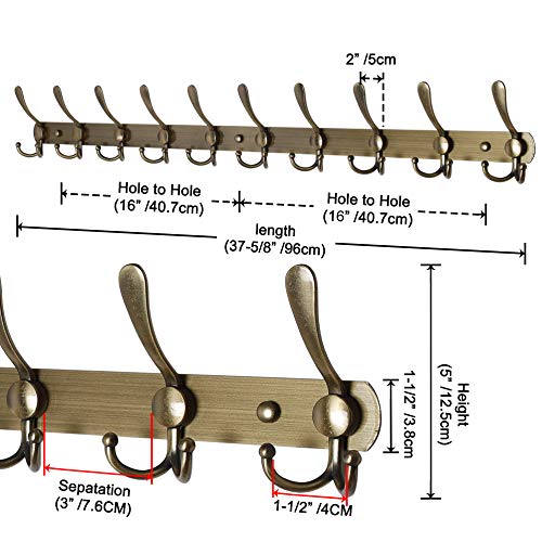 Dseap Coat Rack Wall Mount - 38” Long 10-Tri-Hooks Heavy Duty Coat Hanger Rail Wall Hooks for Hanging Coats Hats Clothing Clothes Purse Mudroom Entryway, White