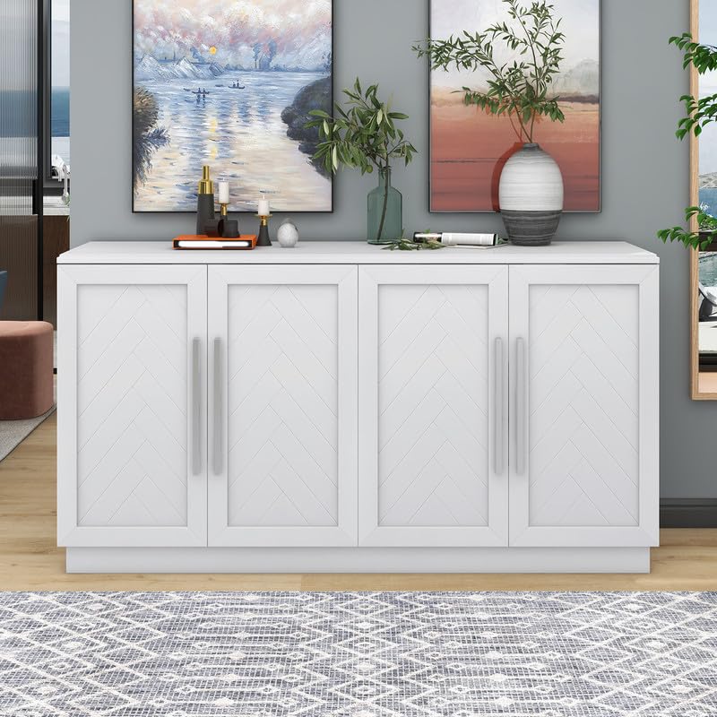 Sideboard Buffet Cabinet, Large Storage Cabinet with 4 Doors and Adjustable Shelves, Console Table with Silver Handles, for Room Living Living Room Entryway Kitchen Easy to Assemble (Black)