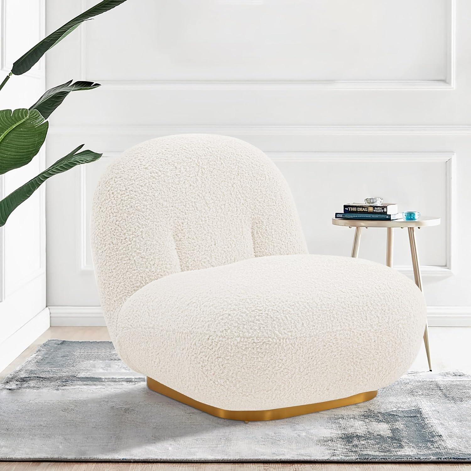 Manhattan Comfort Edina Modern Accent Chair in Luxurious Boucle Upholstery with High Density Foam Padding & Wood Frame with Gold Metal Base, Living Room Seating, White