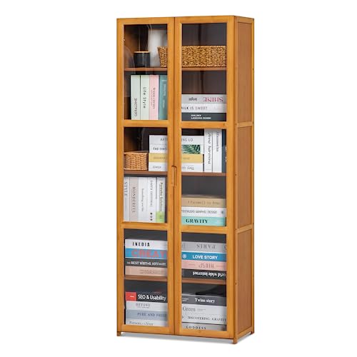Magshion Bamboo 7-Tier Shelf Living Room Storage Tall Bookcase Cabinet with Clear Doors, Brown 23.5