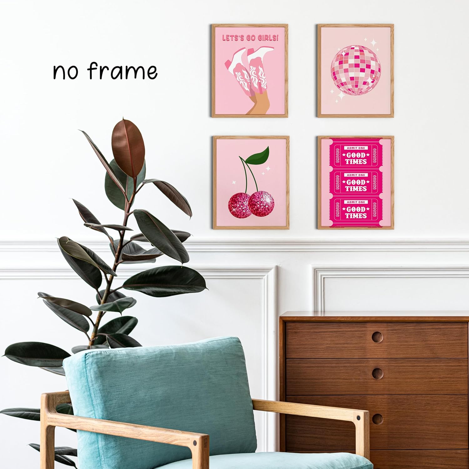 KEUSPI Hot Pink Trendy Preppy Y2K Let's Go Girls Cowgirl Boots Disco Ball Cheery Good Times Ticket Wall Art Poster Prints for Bedroom Dorm Decor, Pink Posters Unframed 11x14 Inches Set of 4