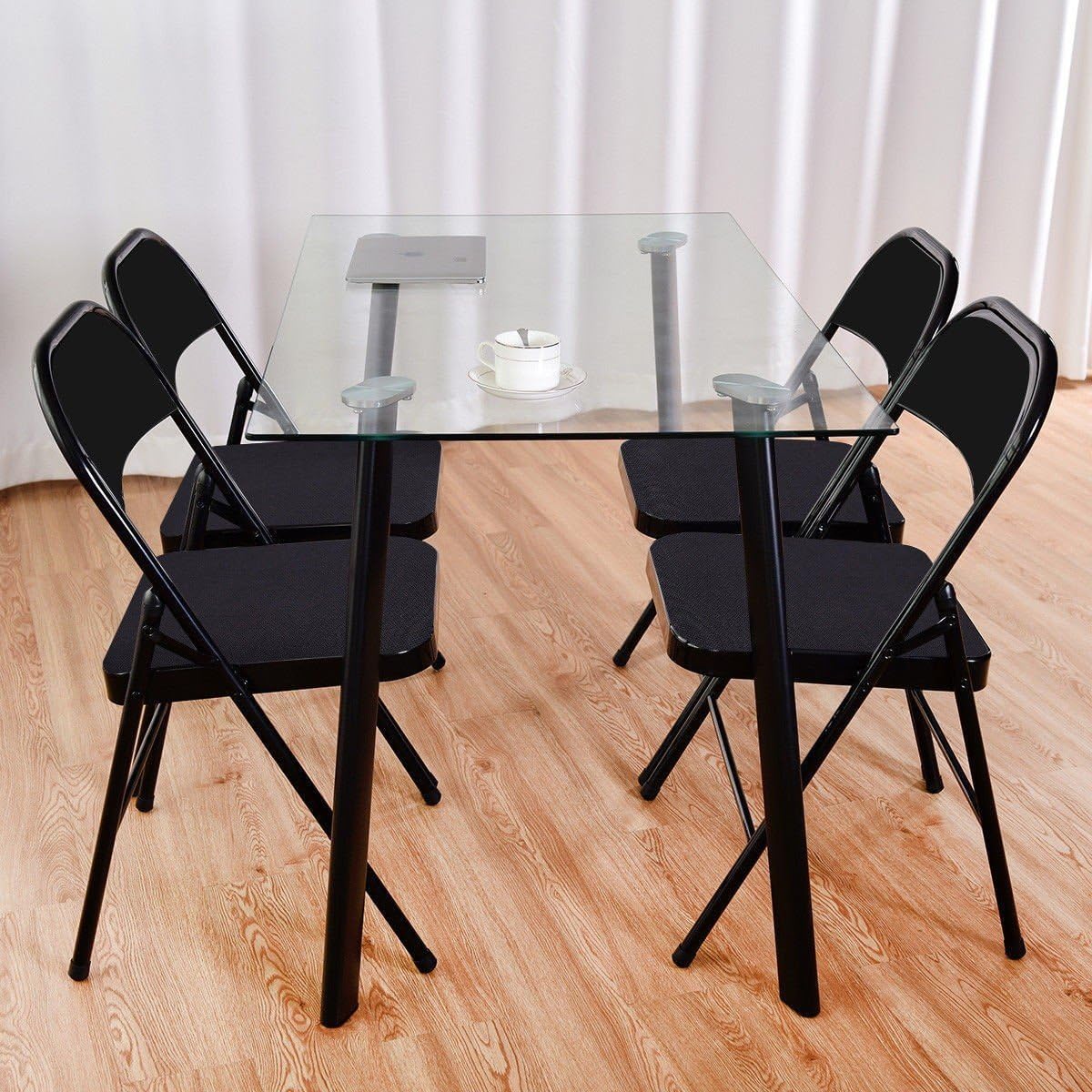 Set of 4 Fabric Upholstered Padded Seat Metal Frame Folding Chairs Black, Suitable for Anywhere, Home, Garden, Office etc. Indoor/Outdoor