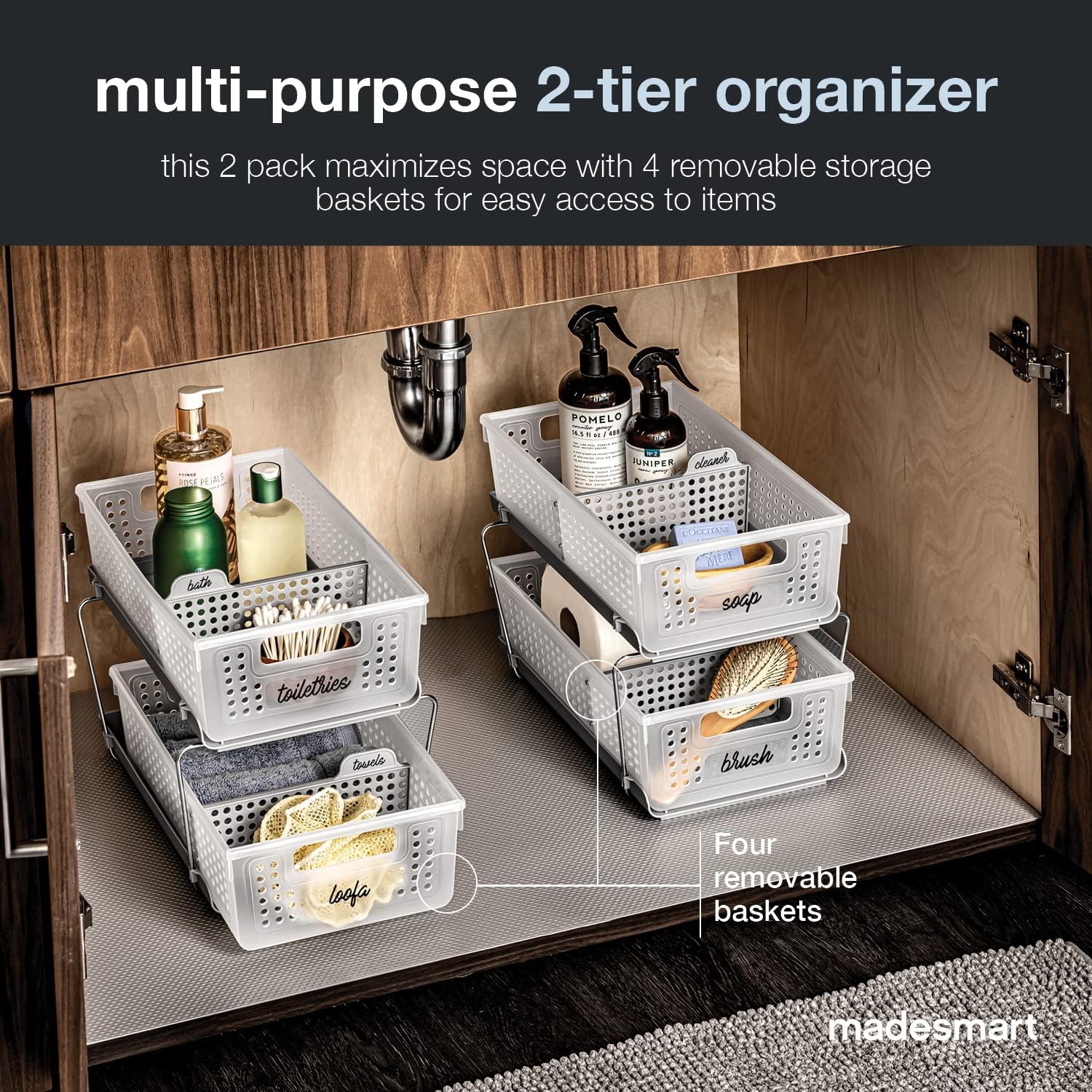 madesmart Stackable 2-Tier Organizer, Multi-Purpose Slide-Out Storage with Extra Set of Legs, Handles and Dividers for Home and Bath, BPA Free, Frost