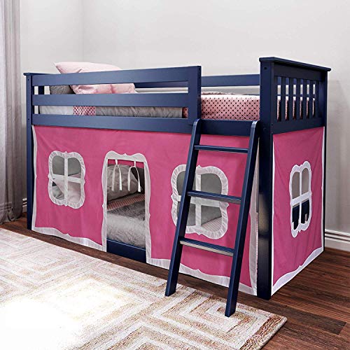 Max & Lily Low Bunk Bed with Slide, Twin-Over-Twin Bed Frame For Kids With Curtains For Bottom, Grey/Pink