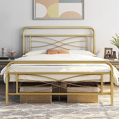 Topeakmart Queen Bed Frames Metal Bed with Vintage Style/Criss-Cross Design Headboard/Mattress Foundation/No Box Spring Needed/Under Bed Storage/Strong Slat Support Black Queen Bed
