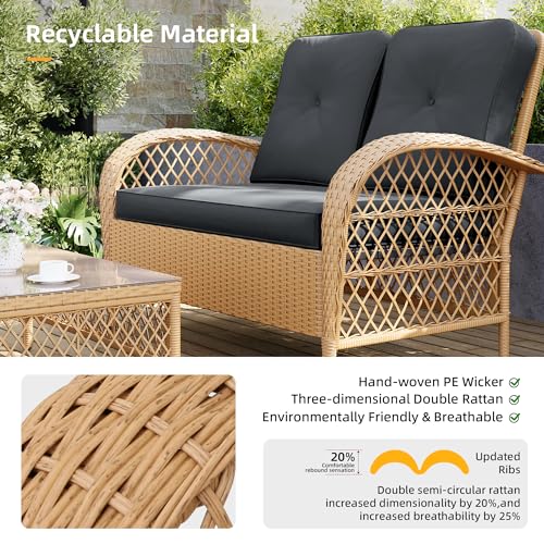 Patio Outdoor Furniture Set, Brown PE Rattan Patio Conversation Sets, 4 Pieces Wicker Patio Set with Loveseat, 2 Chairs, Coffee Table and Cushions for Backyard,Porch,NavyBlue