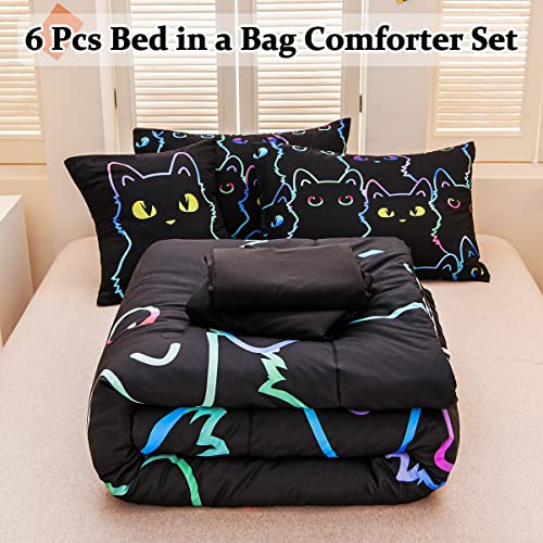 Cute Cat Twin Comforter Set for Boys Girls, Soft Warm Lightweight 6 Piece Bed in A Bag Teen Kids Bedding Sets with Sheets