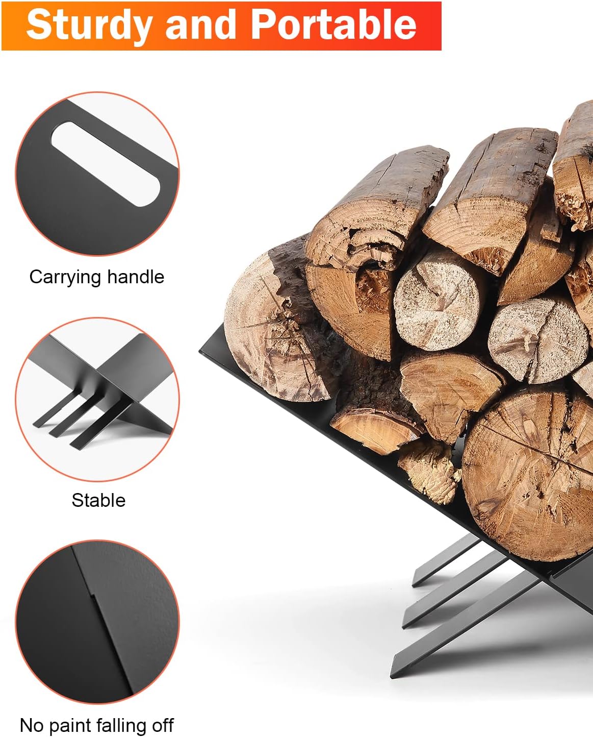 DEERFAMY Firewood Rack Indoor, Heavy Duty Log Holder for Outdoor Fireplace Wood Storage, Black