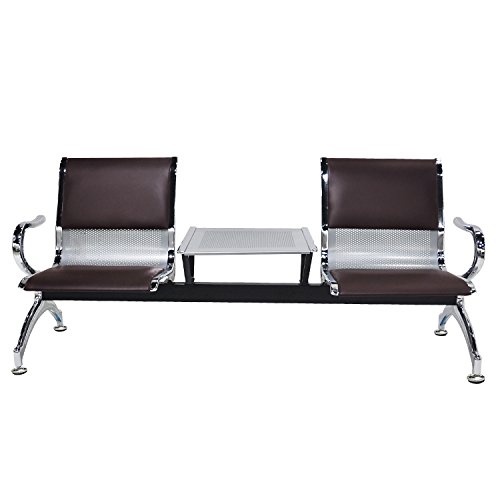 wonline 2 Seat Heavy Duty Guest Airport Reception Waiting Room Chair Lobby Garden Salon Barber Benches Bank Hall Hospital Waiting Bench Furniture Brown PVC Leather Cushion w/Table