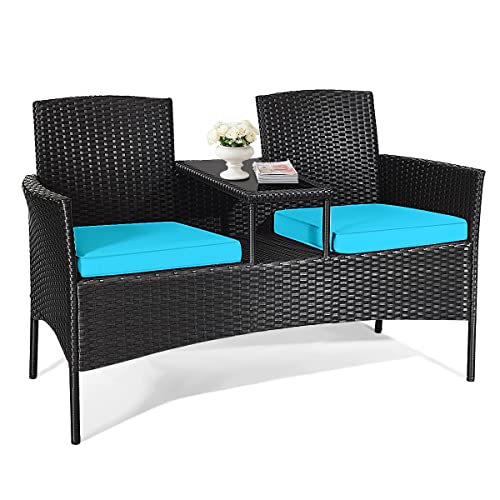 LDAILY Patio Conversation Set, Modern Rattan Loveseat, Outdoor Furniture Set with Removable Cushions & Table, Patio Wicker Sofa Set, Tempered Glass Top, Ideal for Garden Lawn Backyard