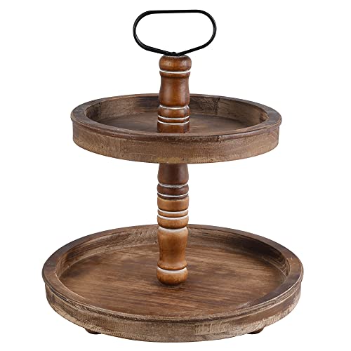 Funly mee Distressed Rustic White Wood Two-Tier Tray with Metal Handle,Decorative Organizer Tray for Kitchen Counter Top or Dining Room Table(White)