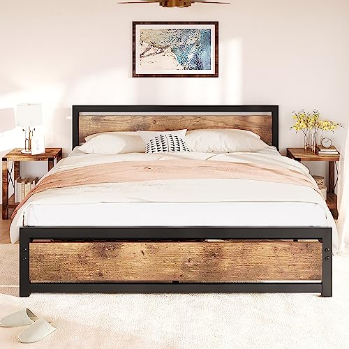 IDEALHOUSE Full Size Bed Frame Platform, Industrial Full Bedframe with Wooden Headboard and Footboard No Box Spring Needed, 14 inch Easy Assemble Noise Free Mattress Frame, Full