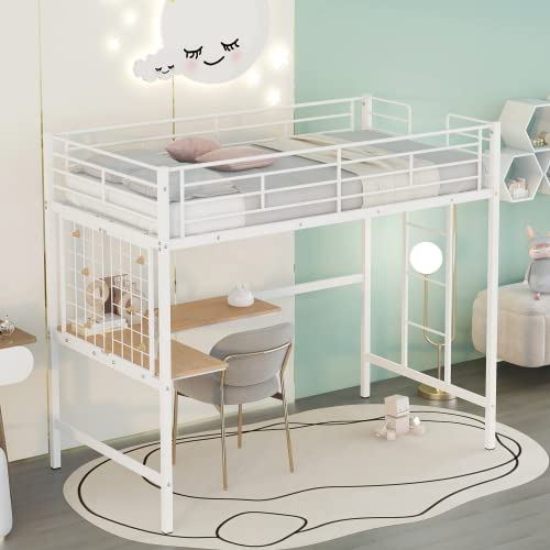 Twin Size Loft Bed with Desk and Metal Grid, Metal Loft Bed with Ladder and Full-Length Guardrail for Kids Boys Girls Teens, Hold up to 220lbs, Noise Free (Black + Metal)