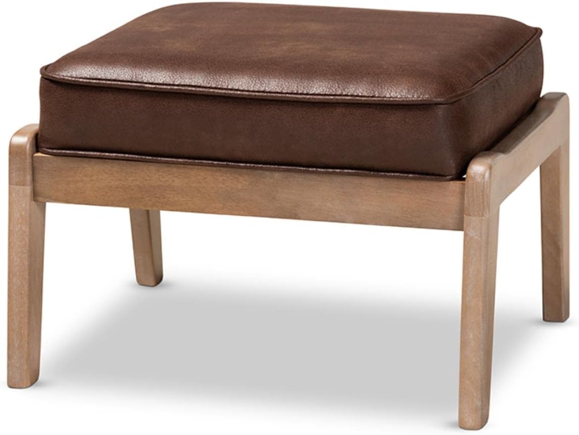 Baxton Studio Sigrid Mid-Century Modern Dark Brown Faux Leather Effect Fabric Upholstered Antique Oak Finished Wood Ottoman