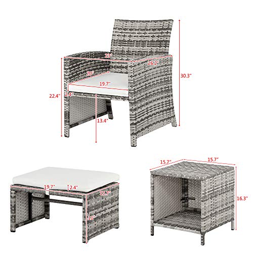 5 Pieces Wicker Patio Furniture Set, Patio Chairs with Ottomans & Table, Rattan Outdoor Patio Furniture Conversation Sets for Balcony, Porch, Deck (Gray Gradient & White)