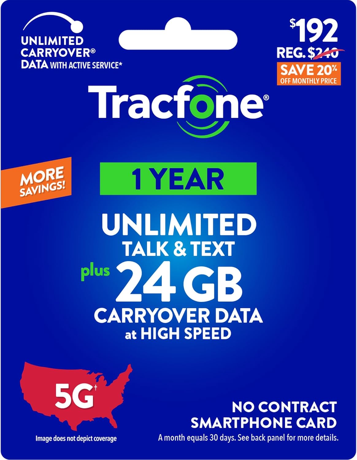 Tracfone $192 Unlimited Talk & Text Plus 24 GB of Data Annual Prepaid Plan(Physical Delivery)