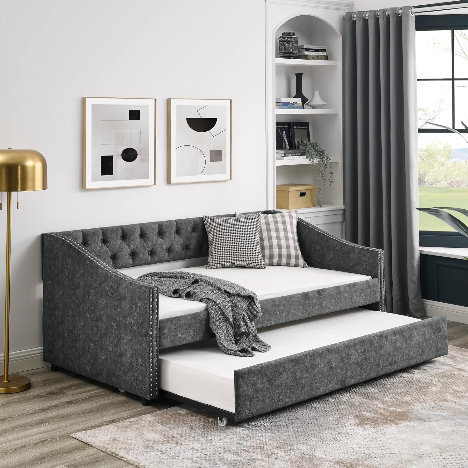 Twin Size Tufted Daybed with Twin-Size Trundle, Upholstered Sofa Bed, Wooden Couch with Button on Back and Copper Nail on Waved Shape Arms, for Bedroom, Living Room, Gray