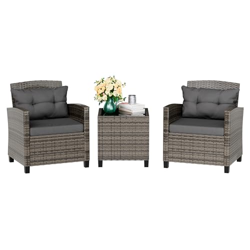 Vongrasig 3 Piece Patio Furniture Set Small Outdoor Wicker Rattan Front Porch Bistro Set Cushioned Patio Chairs Conversation Set with Glass Table for Lawn, Garden, Backyard, Balcony, Poolside (Blue)