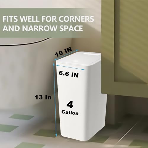 2 Pack Slim Space-Saving Trash Can with Press Top Lid, 15L 4 Gallon Durable Plastic Garbage Bin for Kitchen, Bathroom, RV, Office, Small Container Wastebasket for Narrow Spaces (2 Pcs Grey)