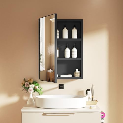 Farmhouse Cream Bathroom Medicine Cabinet with Mirror, Square Rectangle Single Door Recessed or Surface Wall Mounted Aluminum Bathroom Medicine Cabinet, Modern Vanity Mirror 16