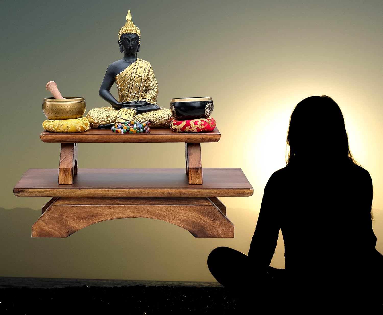 DharmaObjects Premium Solid Wood Hand Carved Personal Shrine Altar Meditation Table