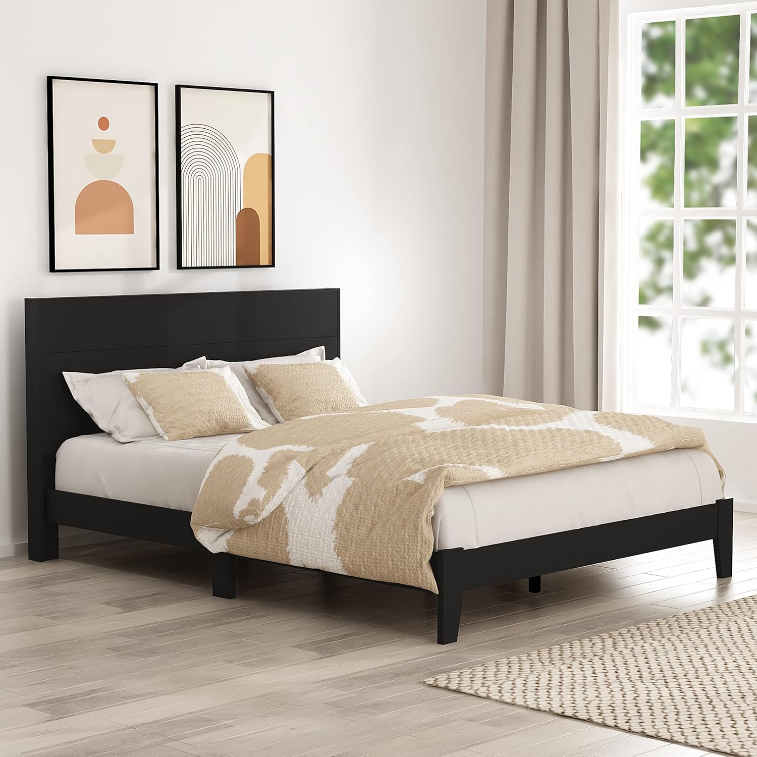 Galano Payne Deluxe Platform Queen Bed Frame with Headboard, Mattress Foundation with Wood Slat Support, No Box Spring Needed, 64.17