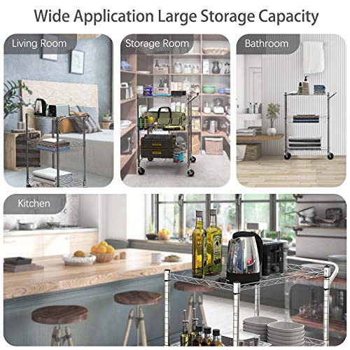 Heavy Duty 3-Tier Rolling Utility Cart, NAFORT Steel Wire Organization Storage Cart on Wheels, Kitchen Metal Utility Cart with Adjustable Shelves/Handle Bar, Storage Trolley with Wheels, Silver