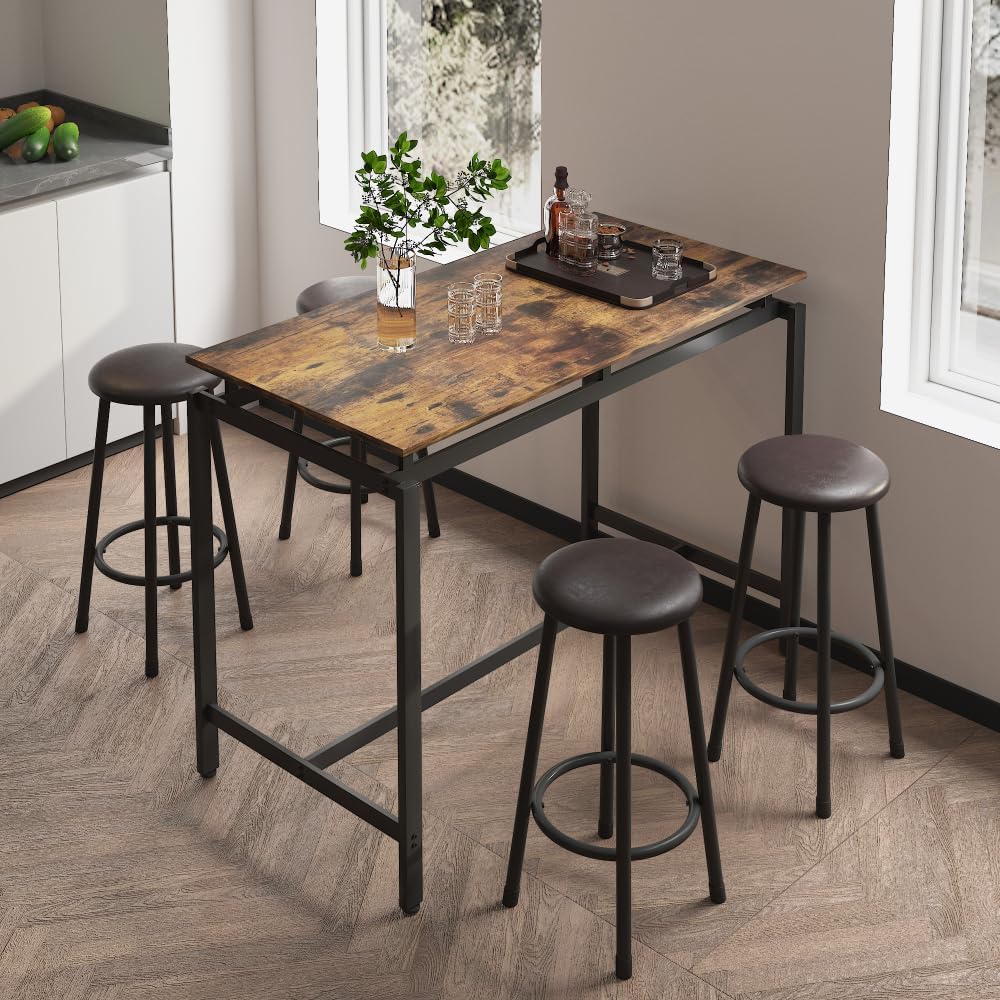 Bar Table and 4 Chairs Set Industrial Counter Height Pub Table with Bar 5 Pieces Dining Set Home Kitchen Breakfast, PU Upholstered Stools with Backrest, Rustic Brown