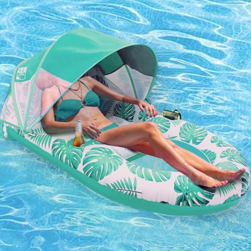 Pool Lounge Float with Canopy UPF50+,Extra Large Pool Floats for Adults Heavy Duty,Inflatable Lounger Float with Cup Holder & Backrest,Footrest