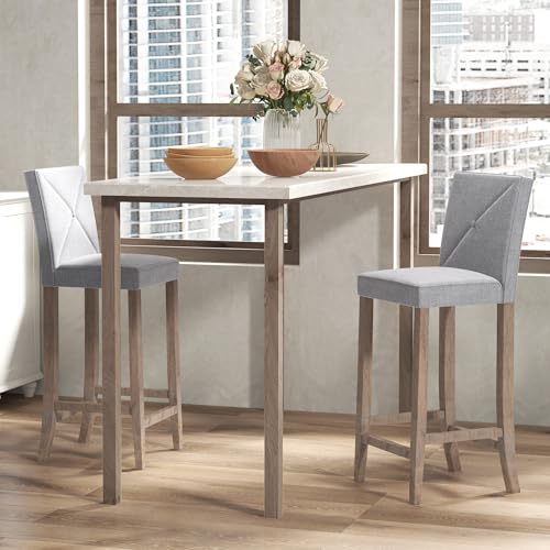 HOMCOM Modern Bar Stools Set of 2, Upholstered Bar Height Kitchen Stools with Build-in Footrest, Solid Wood Legs, Beige