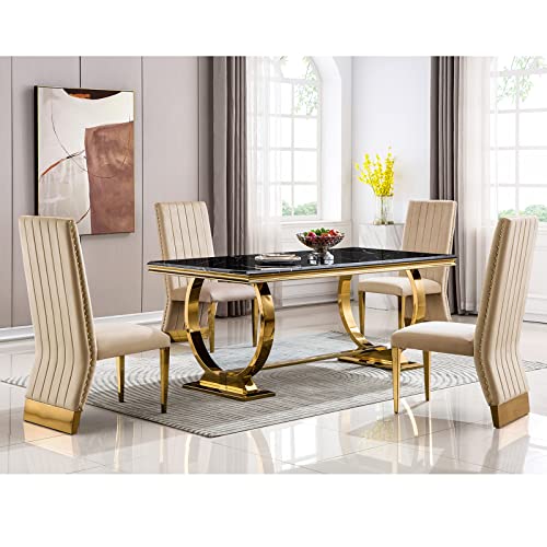 AZhome Dining chairs, Nailhead Trim Upholstered Dining Chairs, Green Velvet Channel Back Dining Chairs with Black-Titanium Mirror Stainless Steel Legs, Set of 2