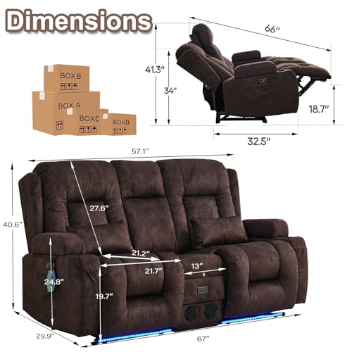 TUNYI Power Recliner Chair with Massage & Heat, Faux Leather Recliner Sofa Chair with LED Light, Home Recliner Theater Seating with USB Port/Lumbar Pillow/Cup Holder/Side Pocket (Brown, 1PC)