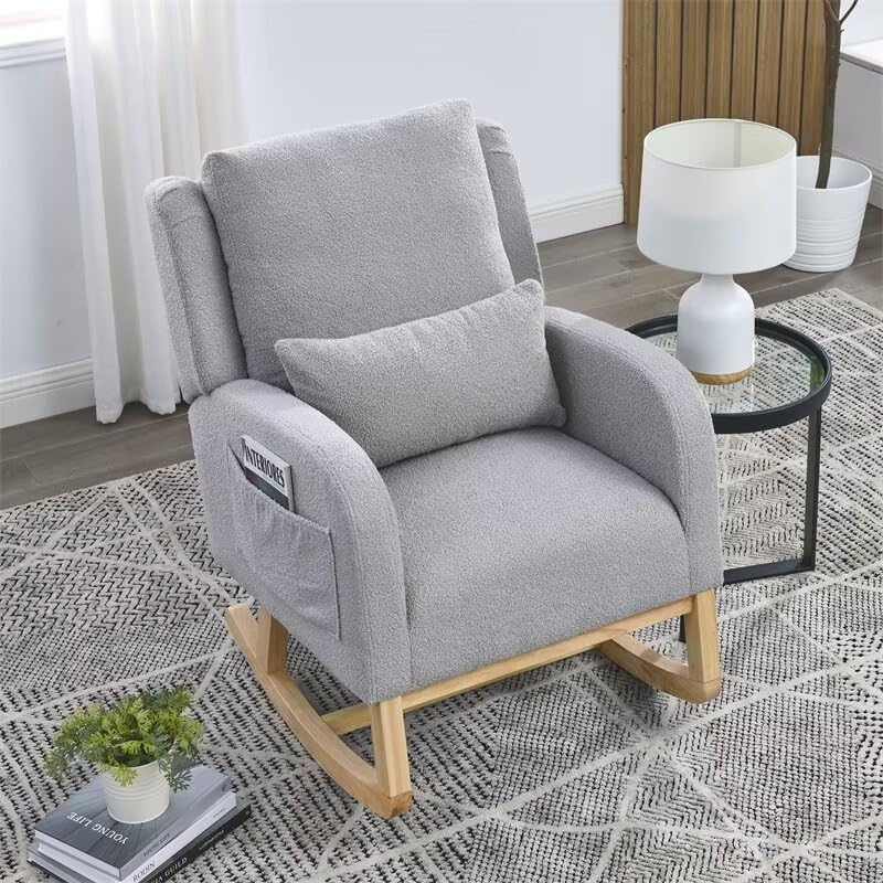 Rocking Glider Chair for Nursery, Wingback Teddy Accent Rocker Chair with Lumbar Pillow and 2 Side Pockets, 27.5